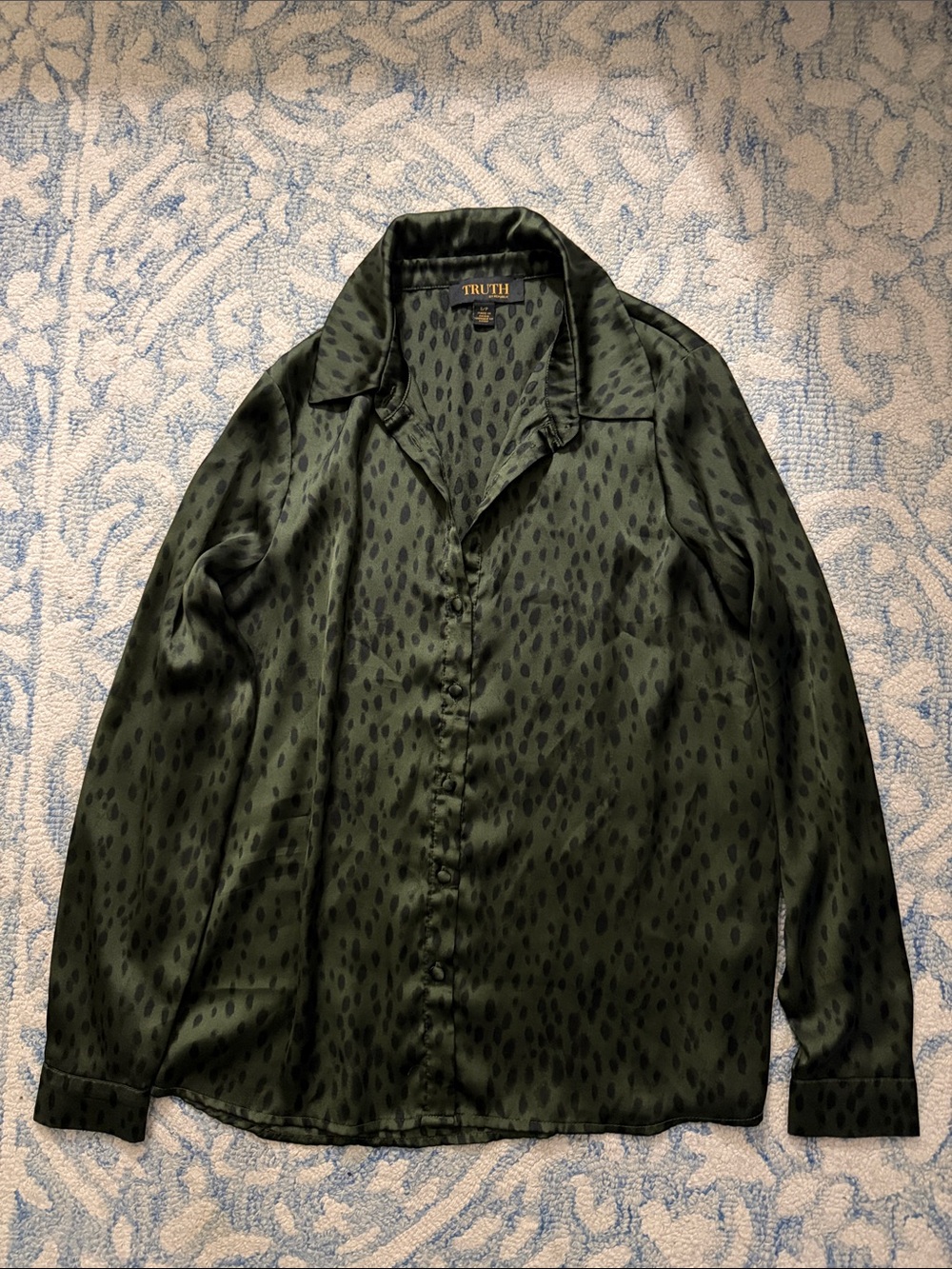 Truth Olive Green Satin Button-Down Shirt with Subtle Spot Jacquard